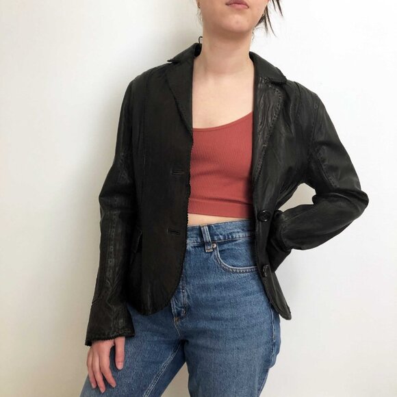 Crinkled Leather Blazer Jacket - Picture 2 of 8